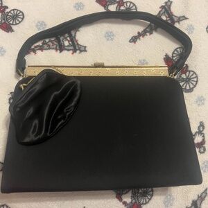 Vtg After Five Black SATIN HandBag Top Handle EVENING Purse Coin Bag
